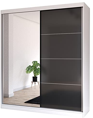 Fabryka Mebli Idźczak Kleiderschrank mit Spiegel, Schiebetüren - Schwebetürenschrank, Schlafzimmerschrank - ‎61 x 203 x 218 cm - Weiß, Schwarz Schrank für Schlafzimmer, Ankleidezimmer, Garderobe