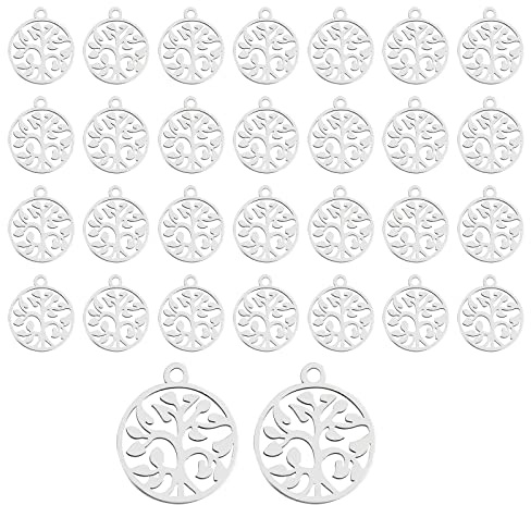 DICOSMETIC 30 pz 14.5mm 304 Acciaio Inossidabile Albero Della Vita Pendenti Albero Genealogico Pendenti Piatto Rotondo Pendenti con Piante Cavi per La Creazione di Gioielli, Foro:1.5mm