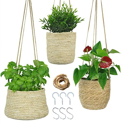 alma home 3x Blumentopf hängend - Hängekörbe Set Natur als Blumenampel innen, Boho Deko oder Aufbewahrungskorb 17-20 cm