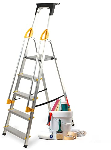 KADAX Aluleiter 5 Stufen, klappbare Stehleiter mit Handlauf, belastbar bis 150 kg, Trittleiter mit Fach für Pinsel und Antirutsch-Füßen
