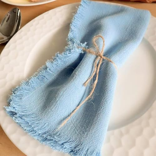 FLCSIed Handgefertigte Stoffservietten 100% Baumwolle Servietten mit Fransen, 4er Set, 17,7 x 17,7 Zoll Baumwollservietten Wiederverwendbare Servietten Tuch Waschbare Tischservietten (Babyblau)