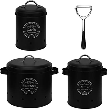 YLWX Eisen Home Gemüse Vorratsdosen Knoblauch Aufbewahrung Zwiebeltopf, Knoblauch-dose (Color : Schwarz, Size : Set)