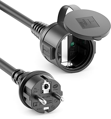 deleyCON 2m Câble Rallonge Extérieur IP44 (H07RN-F 3G1.5mm²) en Caoutchouc Résistant - Fiche avec Terre vers Prise - Noir