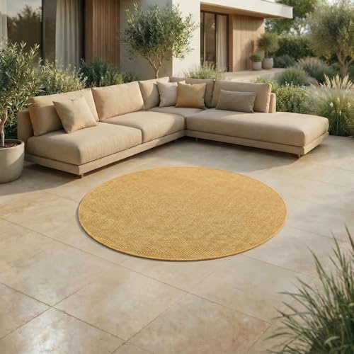Jimri In- & Outdoor Teppich - Wetterfester Teppich für Balkon, Terrasse, Garten, Wohnzimmer, Küche - Strapazierfähiger Bodenteppich, Widersteht UV-Strahlen & Wasser - Größe 200 cm Rund, Gelb