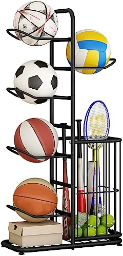 Ball Storage Rack, Football Stand, Sports Equipment Storage For Garage, Basketball Organizer Rack With Basket, Toy/Sports Gear Storage Indoor
