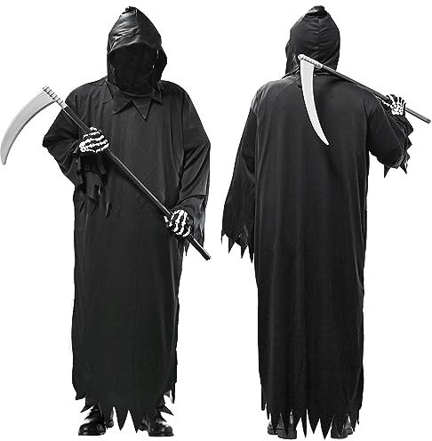 Faburo Halloween Costume Men's Grim Reaper Robe with Scalp Face Mask Sickle and Gloves, Grim Reaper Costume for Party, Scary Adult