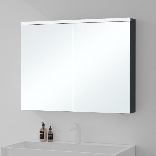 Mai & Mai Spiegelschrank Bad mit LED Beleuchtung 90x15x70 cm | Badezimmerschrank in Anthrazit matt, Hängeschrank Bad Badezimmerspiegel, Spiegelschrank-03
