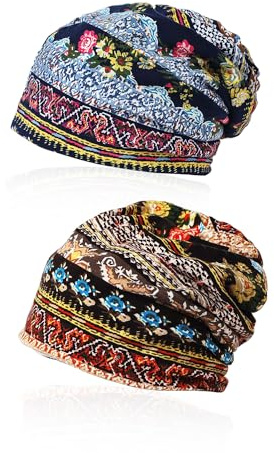 2 copricapo stampato, turbante avvolgente, cappello sportivo in cotone elastico, Blu, M/L