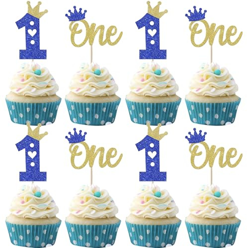 SYKYCTCY 24 Pack First Birthday Cupcake Toppers Glitter One Crown Heart Cupcake Picks Baby Shower 1st Birthday Kids Cake Decorations Party Supplies