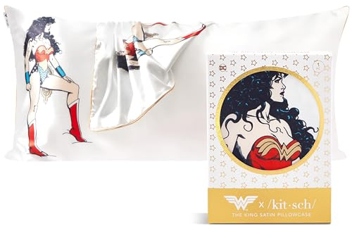 Kitsch x Wonder Woman Satin Pillowcase with Zipper for Hair, Softer Than Silk Pillow Cases King, Cooling Pillow Covers, Machine Washable Wrinkle-Free, Satin Pillow Cases King 19x36, Believe in Wonder