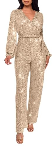 Damen Jumpsuit Glitzer Elegant Langarm V-Ausschnitt Lang Overall Pailletten Hosenanzug Playsuit mit Gürtel Romper