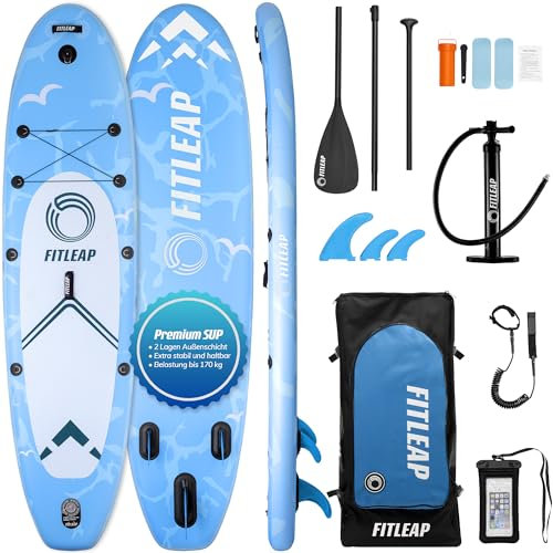 Fitleap Premium Stand Up Paddle Board aufblasbar - SUP Board Set mit Hochdruckpumpe, verstellbarem Paddel und Rucksack - Ideal für Anfänger und Profis - Perfekt für Yoga, Surfen und Wassersport