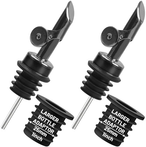 Liquor Pour Spout for Bottles, Hygienic Quick Bottle Pourer with 2 Adapters for Large Neck Bottles, Auto-Open/Close, for Alcohol, Olive Oil, Juices and Syrups, Black, 2 Pack