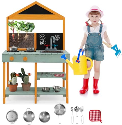 HOMASIS Cucina Giocattolo per Bambini da Esterno, Cucina in Legno con 2 Lavagnette/Rubinetto Girevole/Lavandino Estraibile, Set da Gioco per Bambini dai 3+ Anni, 69 x 36 x 110 cm (Verde)