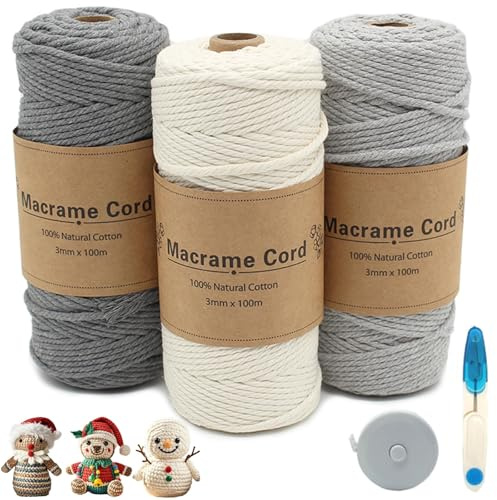 HDKAJL 3 Stück Makramee Garn 3mm x 100m, Baumwollkordel Set in Beige Weißgrau Grau, Makramee Schnur für Häkeln Basteln DIY Handwerk Weihnachtsdekoration mit Maßband