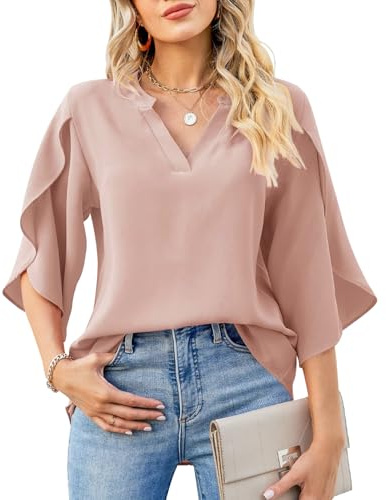 RoomTour Dam, sommarblus, elegant med volangärmar och V-ringad, chiffongblus, lediga toppar, ROSA, XL