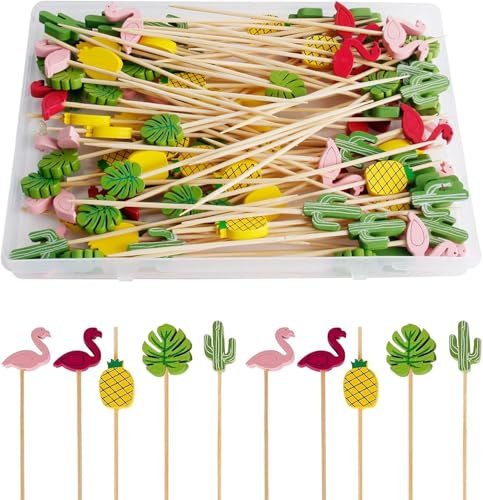100 Counts Bamboo Cocktail Sticks, Fruit Cocktail Picks, Finger Food Picks, Appetizer Sticks, Party Food Toothpicks with Flamingo Cactus, Decorative Cocktail Sticks for Drinks Fruit Appetizers
