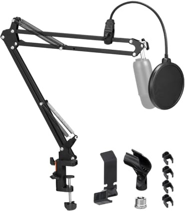 BOSEEN Microphone Boom Arm, Adjustable Suspension Boom Scissor Arm Stand with Heavy Duty Clamp, Pop Filter and Mic Clip Compatible with Yeti, QuadCast Snowball.