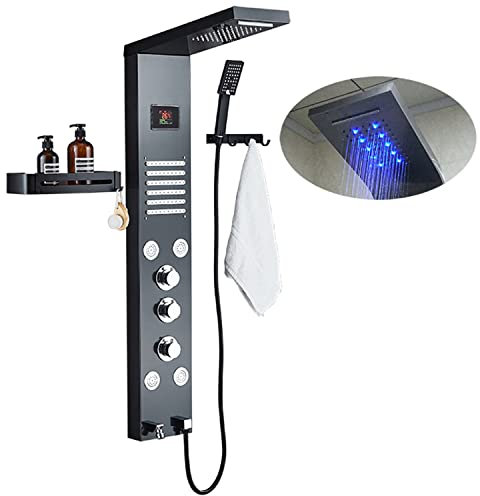 LZDOYY Bathroom Shower Panel Tower System LED Stainless Steel with 6 Function Shower Head Handheld Shower Massage Jets Brushed,Black