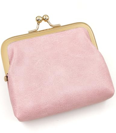 SENCCO Women’s Small Coin Purse, Vintage PU Leather Change Purse, Rectangle Kiss Lock Coin Pouch, Pocket-Sized, Solid Color, Mini Coin Purse for Women - Pink