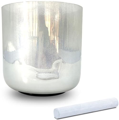 Cuenco tibetano de cristal plateado Alchemy con golpeador de gamuza y junta tórica, cuenco con sonido de chakra de cuarzo de colores for meditación de yoga y curación de sonido(432Hz,6G)