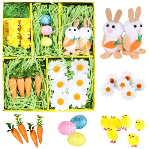 Easter Bonnet Decorations with Fluffy Yellow Chicks, Colourful Polystyrene Eggs, White Rabbits, Daisy Flowers and Mini Glittery Carrots - Easter Hat Decorations Kit for Make Your Own Bonnet Crafts