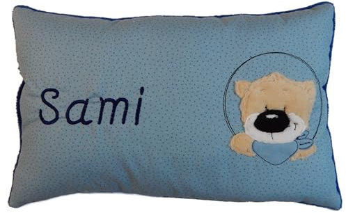 Momelie Blaues Schmusekissen * Kuschelkissen * Bär * mit Namen Bestickt * 17 x 29 cm * SK-bl_0197