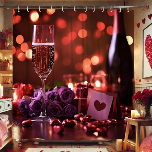 Romantic Shower Curtain, Blush Peach and Violet Rose Shower Curtain for Bathroom Decor, Valentine's Day Modern Elegant Waterproof Fabric Shower Curtain Set with Hooks 72x78 Inch