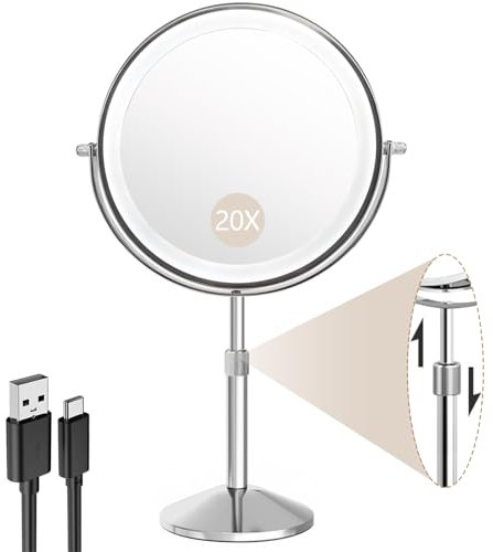 BTremary 20X Make up Magnifying Mirror with Lighting, Adjustable Height 8” Illuminated Makeup Mirror 360° Rotation Rechargeable 64 LEDs Light Up, Perfect for Detailed Makeup Application