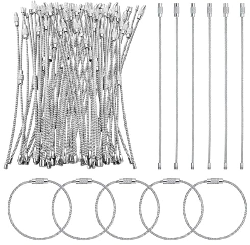60 Pièces Porte-Clés en Fil Inoxydable,Câbles de Boucle Solide Anneaux Porte Clé,Porte Cles en Câbles avec Serrure à Vis,Anneau de Porte-Cles pour Pendre Étiquette de Bagage Carte Clef