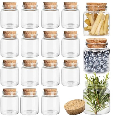 Acetiti 15 Pcs 50ml Small Glass Jars with Cork Stoppers, 45mm x 53mm Clear Glass Bottles Empty Mini Storage Bottles Spell Jars Message Bottle for Wedding Party Favors DIY Crafts Art Decoration