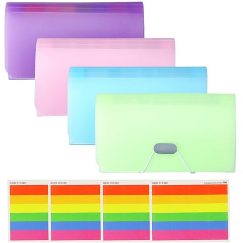 Organizador de archivos, paquete de 4 carpetas expansibles, tamaño A6, carpeta de acordeón portátil con 13 bolsillos, caja organizadora con etiquetas de colores índice para tarjetas, facturas, cupones