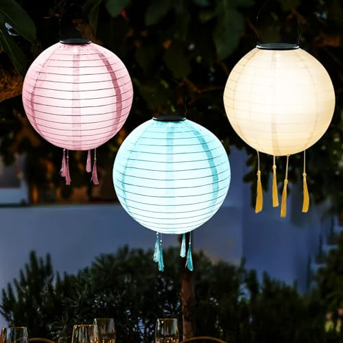 3 Stück Solar Lampions Außen Wetterfest, 30cm Nylon Hängende Solarlampions für Draußen, LED Wasserdicht Lampion mit 4 Quaste, Gartenlaterne Beleuchtung für Garten Terrasse Hochzeit Fest Deko (Pack-A)