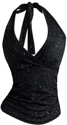 GORGLITTER Damen Top Neckholder Tops Glitzernder Croptop Rückenfreies Sommertop Ärmelloses Trägertop Elegant Trägershirt Sommer Halter Oberteile Schwarz M