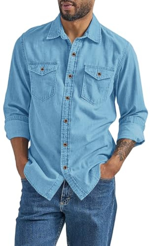Chemises en jean pour homme avec double poches, veste boutonnée, à manches longues, vêtements de travail vintage 2025