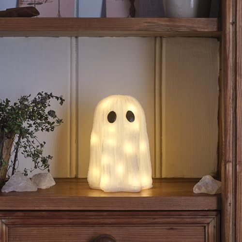 Lights4Fun Acryl-Geist Halloween-Dekoration mit 20 warmweißen LEDs – Strukturierte weiße Oberfläche, batteriebetrieben mit Timer – Innen- und Außendekoration im Gothic-Stil – 14 cm hoch