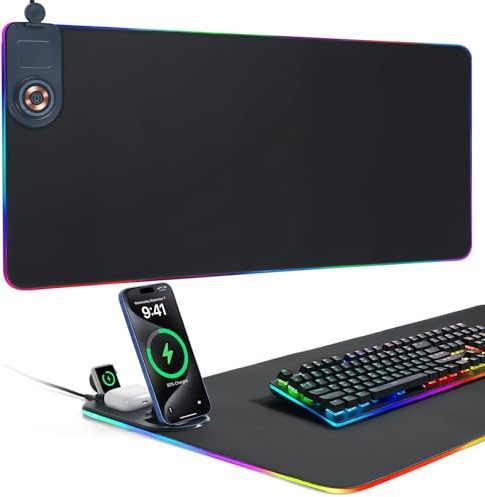 ELUTENG Mouse Pad with Phone Holder 4in1 Wireless Charging Desk Mat RGB Ultra-Smooth Gaming Mousepad Waterproof Home Office Large Desk Pad 35.43x15.75 Large Desk Pad Non-Slip Base Keyboard Pad