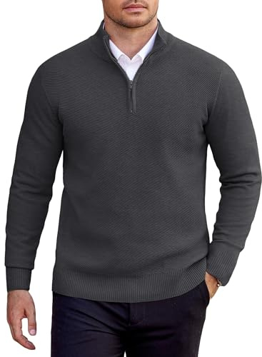 COOFANDY Pull Camionneur Homme Hiver Col Roulé Pulls Manches Longues Tricoté Chaud zippé Sweater Hommes avec Col Montant Gris Foncé XL