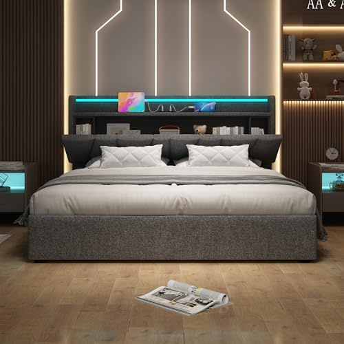 4ft6 Double Bed Frame with Hydraulic Lever & Adjustable Storage Concealed Headboard, Linen Upholstered Ottoman Storage Bed with Charging Station & LED Lighting, Gas Lift Up Beds, No Mattress, Grey