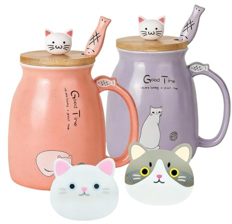 2er-Pack Katzenbecher Niedliche Kaffeetassen aus Keramik im 2er-Set mit Bambusdeckel und Löffel Neuheit Kaffee-Milch Tee-Becher-Tier Katzen-Tassen für Katzenliebhaber Frauen (Rot und Lila)