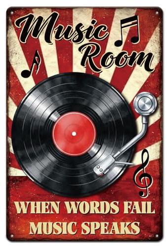 GLOBLELAND Records Metal Tin Sign Music Room When Words Fail Music Speaks Vintage Painting Tin Signs 12x8inch Retro Wall Art Plaque Poster for Home Office Kitchen Garden Bar Coffee