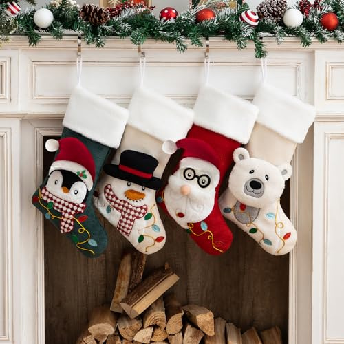 E-FirstFeeling 4 Pack Christmas Stockings,Large Xmas Hanging Stockings with White Plush Faux Fur Cuff,3D Santa Snowman Penguin Polar Bear Designs for Family Holiday Party Decor