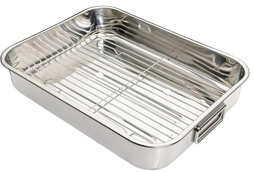 Stainless Steel Roasting Tray & Rack Heavy-Duty Dishwasher Safe Oven & All Heat Sources Handles, Lightweight, Ideal for Meat, Veg & Baking Medium, 37 x 28 cm