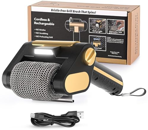 Cepillo Eléctrico para Parrilla, Inalámbrico Y Recargable, con Foco LED, Rodillo De Acero Inoxidable De 350 RPM, Cabezal De Lavado Desmontable, Limpieza Eficiente para Cocina Y Barbacoa Al