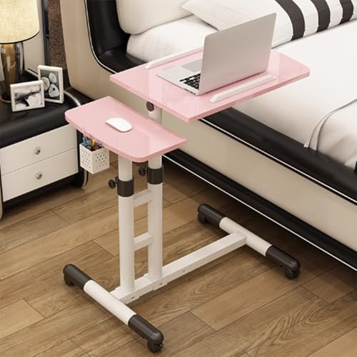 Höhenverstellbarer Beistelltisch mit 4 Rollen, Vielseitig Platzsparend, Perfekte Ergonomie, Pflegebett Beistelltisch, für Home-Office, Arbeiten im Sitzen Stehen(Pink)