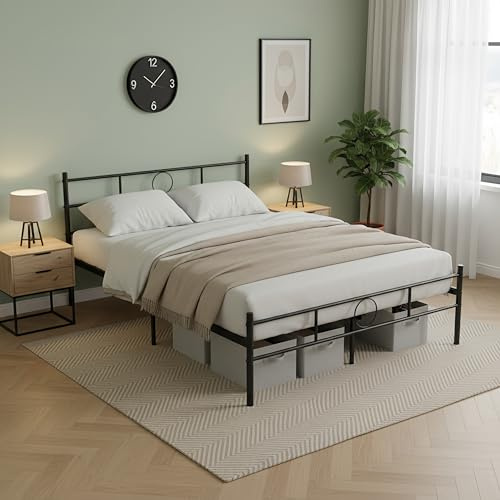 ZECIIYE Struttura per letto in metallo, 190 x 140 cm, stabile, altezza 32 cm, con spazio sotto il letto, letto matrimoniale con testiera per camera da letto, colore nero