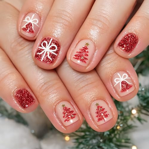 24PCS Christmas Short False Nails - Christmas Glitter Square Fake Nails - Stripe Glitter Christmas tree Bowknot Nail Design Elegant Christmas Look - Long Lasting Acrylic Nails Glossy Gifts for Women ﻿