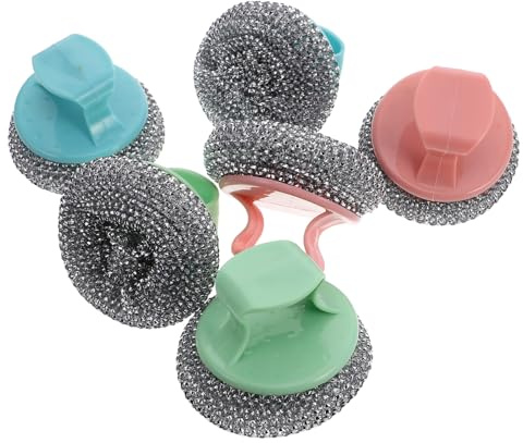 BELLIFFY Estropajos de Acero Inoxidable para Ollas y Sartenes Mango Desmontable Ergonómico Juego de 6 Unidades Multicolor Cepillo Limpiador Resistente para Cocina Doméstica y Profesional