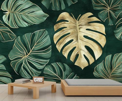 HYGIUID Monstera Leaf Mural Tropical Plants Wallpaper Luxury Leaves Wall Mural Panoramic Office Reception Studio Backdrop Custom Photo Wallpaper (Non-self-Adhesive)