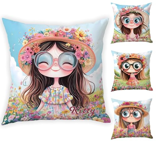 Personalized Cartoon Quirky Girl Pillow - Custom Name Pillow Cover with Insert Cute Decorative Cushion for Bedroom, Living Room, Birthday Gift for Women & Kids Christmas Birthday Gift Daughter (#2)